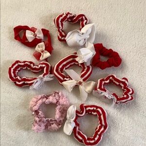 (9 Pieces)Red and White Kids Hair Scrunchies Set(Homemade)